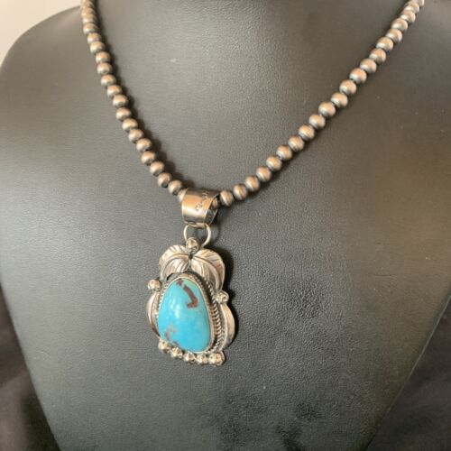 Men's Navajo Pearls Necklace | Sterling Silver Blue Kingman Turquoise Pendant | Native American | 12598