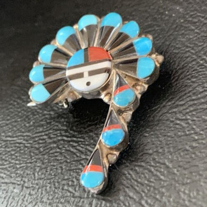 Zuni Turquoise Mother of Pearl Onyx Inlay Sun Face Necklace Pin Pendant | Sterling Silver | 1679