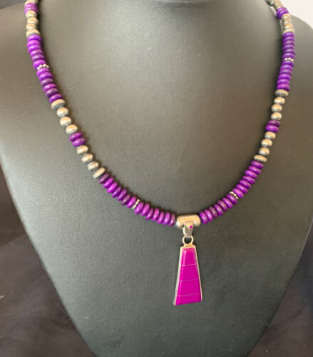 Authentic Native American Navajo Pearl Necklace with Purple Sugilite Pendant | Sterling Silver | 18" | 12349