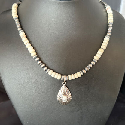 Navajo White Buffalo Turquoise Pendant Necklace | Sterling Silver | Authentic Native American Handmade | 14613