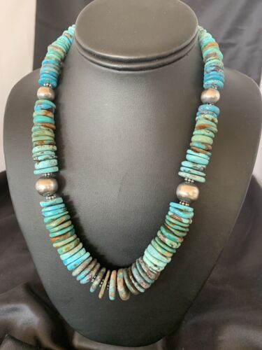 Navajo Blue Green Turquoise Necklace | Sterling Silver | Authentic Native American | 20" | Graduated | 11885