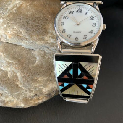 Navajo Men's Watch Tips | Sterling Silver with Onyx, Coral, Turquoise Inlay | Authentic Native American Jewelry | 11576