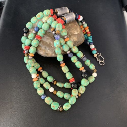 Navajo Multi-Color Green Turquoise Spiny 3-Strand Lapis Necklace | Sterling Silver | Authentic Native American Handmade | 13952