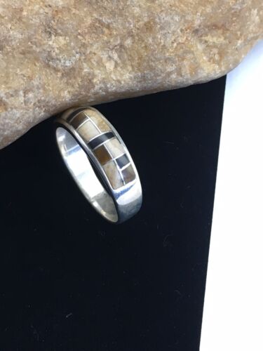 Navajo Sterling Silver Onyx & Picture Jasper Inlay Ring | Sz 13.5 | Authentic Native American Handmade | 01592