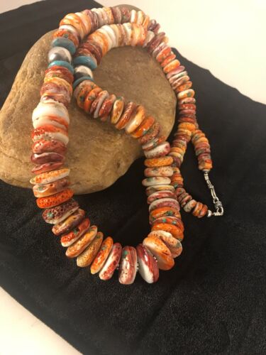 Handmade Turquoise & Spiny Oyster Necklace | Navajo Sterling Silver | Authentic Native American | 32"