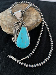 Men's Kingman Turquoise Pendant | Navajo Pearls Sterling Silver Necklace | Authentic Native American Handmade | 4299