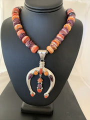 Navajo Pearls Necklace with Orange Spiny Oyster Naja Pendant | Sterling Silver | 01185