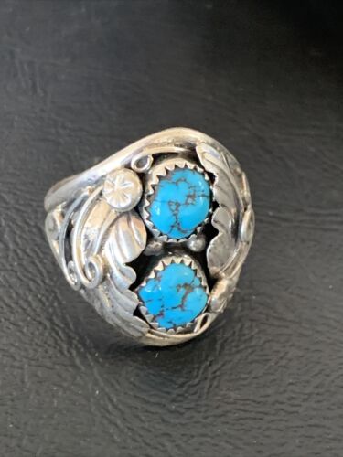 Navajo Blue Kingman Turquoise Feather Ring | Authentic Native American Sterling Silver | Multi-Stone | Sz 11.5 | 12220