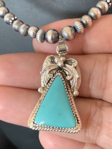 Navajo Pearls Sterling Silver Necklace with Blue Kingman Turquoise Pendant | Authentic Native American Handmade | 12496