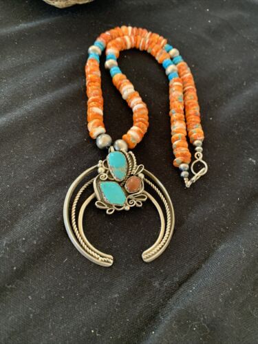 Navajo Turquoise & Spiny Oyster Naja Pendant Necklace | Sterling Silver Navajo Pearls | 1020