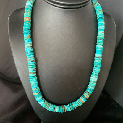 Men's Navajo Blue Turquoise Heishi Bead Necklace | Sterling Silver | 20" | Authentic Native American Handmade | 13522