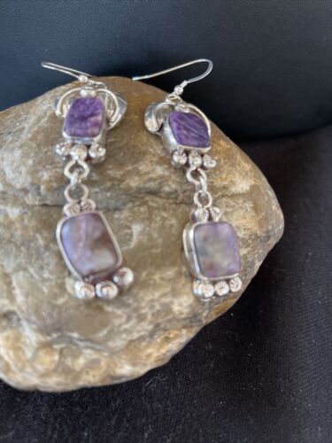 Navajo Purple Charoite Dangle Earrings | Sterling Silver | Authentic Native American Handmade | 01225