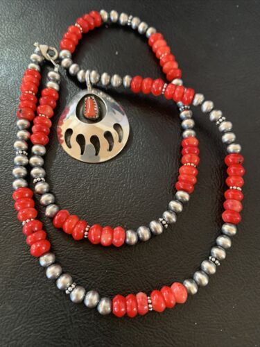 Navajo Bear Paw Red Coral Pendant Necklace | Sterling Silver | Authentic Native American Handmade | 11695