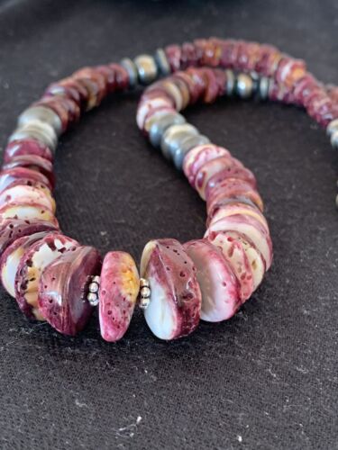 Purple Spiny Oyster Pendant with Sterling Silver Navajo Pearls Necklace | Graduated | Authentic Native American | 17" | 13812
