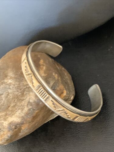 Men's Navajo Handmade Stamped Sterling Silver Cuff Bracelet with 12K Gold | Authentic Native American | 13676