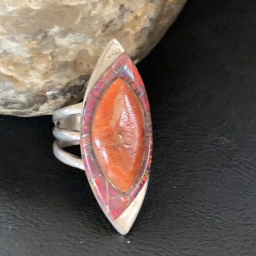 Navajo Red Spiny Oyster Opal Inlay Ring | Sterling Silver | Sz 10 | Authentic Native American Handmade | 12844