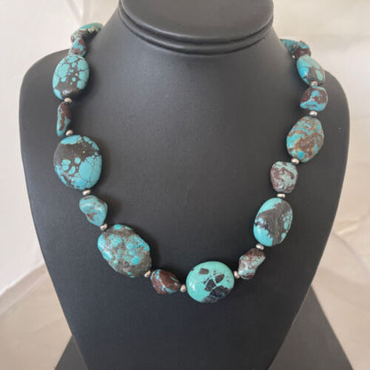 Navajo Chunky Turquoise #8 Necklace | Sterling Silver Pearls | Authentic Native American Handmade | 22" | 1242