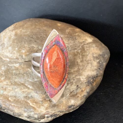 Navajo Red Spiny Oyster Opal Inlay Ring | Sterling Silver | Sz 10 | Authentic Native American Handmade | 12844