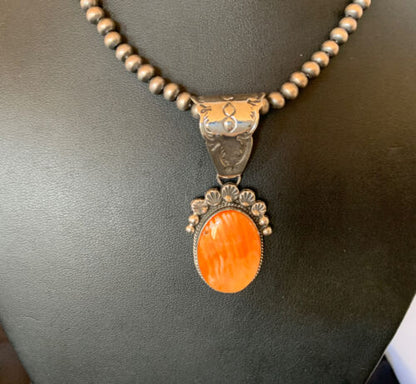 Navajo Orange Spiny Oyster Pendant Necklace | Sterling Silver | Authentic Native American Handmade | 13083
