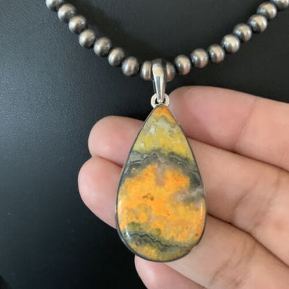 Navajo Yellow Bumblebee Jasper Pendant Necklace | Sterling Silver | Authentic Native American Handmade | 12807
