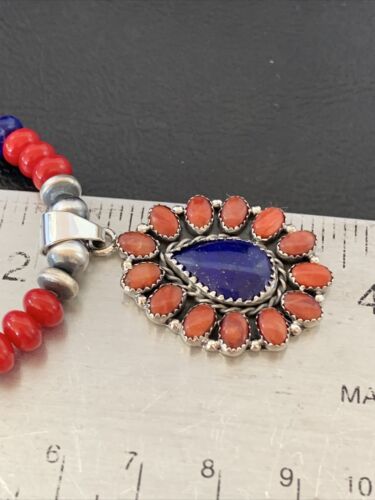 Navajo Red Stabilized Coral Lapis Necklace Cluster Pendant | Sterling Silver | Multi-Stone | 10633