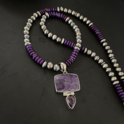 Navajo Pearls Necklace with Purple Sugilite Pendant | Sterling Silver | Multi-Stone | 11333