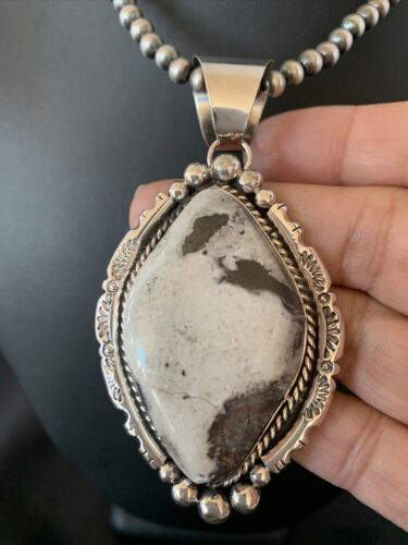 Navajo White Buffalo Turquoise Necklace Pendant | Sterling Silver | XL Men's | Authentic Native American Handmade | 11685