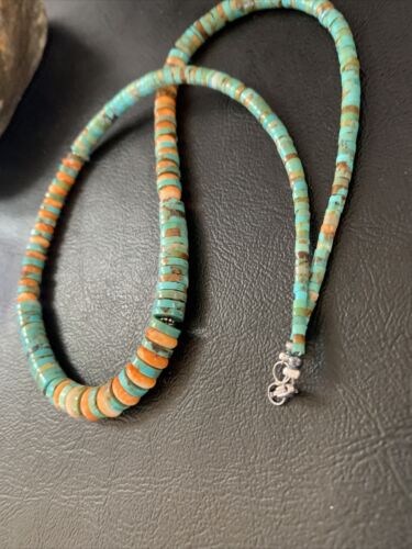Navajo Green Turquoise & Orange Spiny Oyster Graduated Heishi Necklace | Sterling Silver | Authentic Native American | 20" | 11774