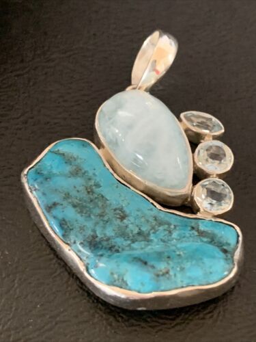 Navajo Blue Topaz Turquoise Pendant | Sterling Silver | 2" | Authentic Native American Handmade | 10832