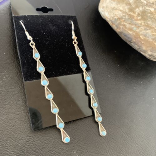 Navajo Green Turquoise Dangle Earrings | Sterling Silver | 3" Long | Authentic Native American Handmade | 12120