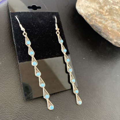Navajo Green Turquoise Dangle Earrings | Sterling Silver | 3" Long | Authentic Native American Handmade | 12120