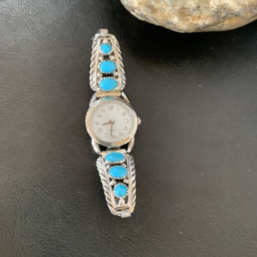 Navajo Sterling Silver Watch Tips with Blue Kingman Turquoise | Stretch Band | Authentic Native American Jewelry | 11578