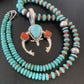 Navajo Pearl Necklace with Blue Turquoise & Coral | Sterling Silver Naja Pendant | 02062