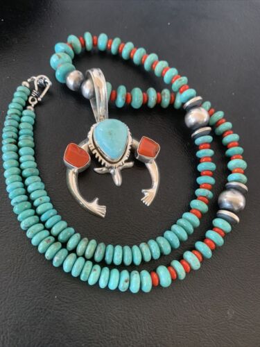 Navajo Pearl Necklace with Blue Turquoise & Coral | Sterling Silver Naja Pendant | 02062