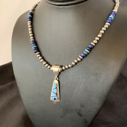 Men's Navajo Pearl Blue Lapis Turquoise Pendant Necklace | Sterling Silver | 21" | 12611