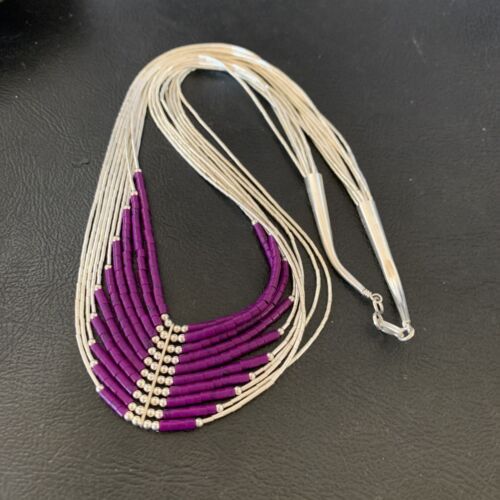 Sugilite Liquid Silver Heishi Necklace | 10 Strand | Sterling Tubes Pendant | 12299