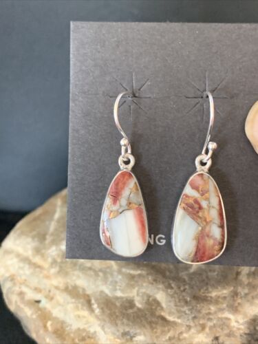 Navajo Purple Spiny Oyster Turquoise Dangle Earrings | Sterling Silver | Authentic Native American Handmade | 14083