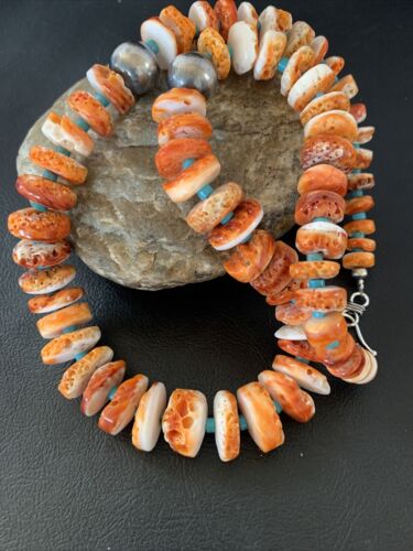 Navajo Orange Spiny Oyster & Turquoise Necklace | Sterling Silver | Authentic Native American | Graduated | 20" | 1504