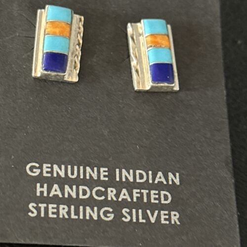 Navajo Multi-Color Turquoise Spiny Lapis Inlay Earrings | Sterling Silver | Authentic Native American Handmade | 14652