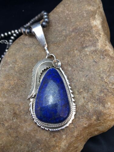 Navajo Lapis Pendant Necklace | Sterling Silver Pearls | Authentic Native American Handmade | 1005