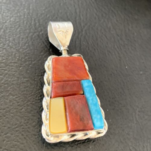 Zuni Yellow Mother of Pearl Turquoise Coral Inlay Sun Face Pendant | Sterling Silver | 2-Sided | 1685