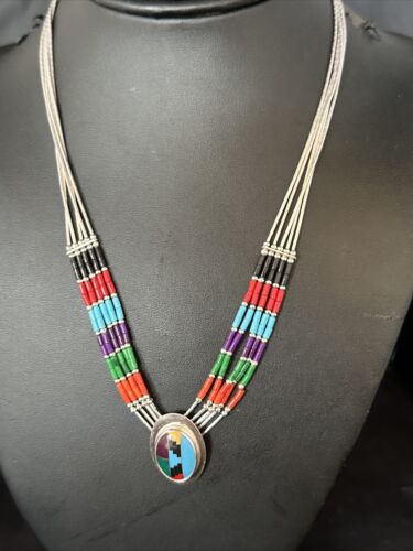 Multi-Color Liquid Silver Heishi 5-Strand Necklace | Sterling Silver Pendant | 14823