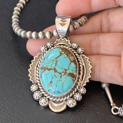 Men's Navajo Pearls Necklace | Sterling Silver | Blue #8 Turquoise Pendant | Authentic Native American Handmade | 10865