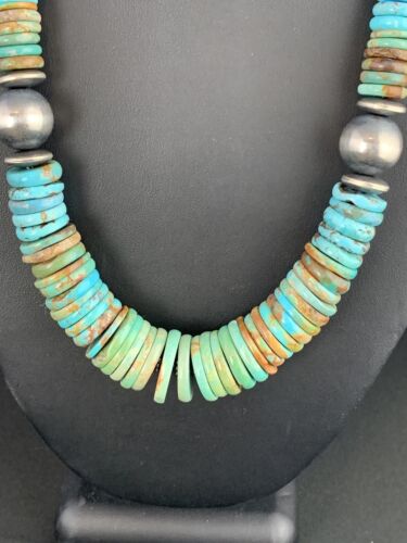 Navajo Sterling Silver Necklace with Southwestern Blue Green Turquoise | 20" | Graduated | Authentic Native American Jewelry