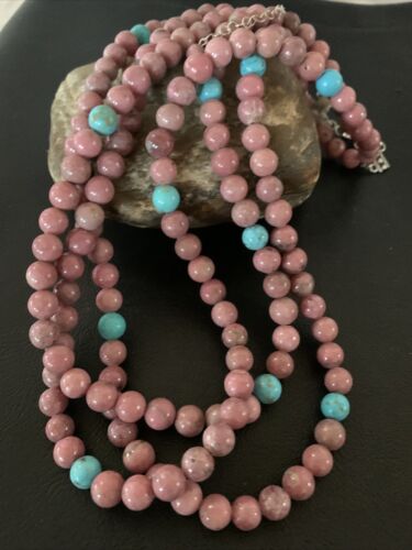 Navajo Turquoise Rhodochrosite Necklace | Sterling Silver | 3 Strand | Authentic Native American Handmade | 01993