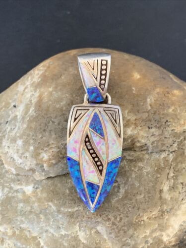 Authentic Native American Navajo Sterling Silver Pendant | Pink & Blue Opal Inlay | Handmade Jewelry | 12479