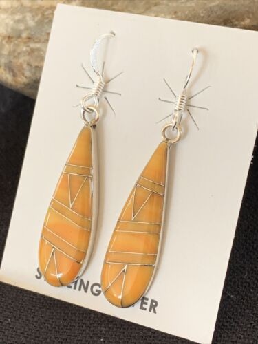 Navajo Orange Spiny Oyster Inlay Earrings | Sterling Silver | 1.5" | Authentic Native American Handmade | 976