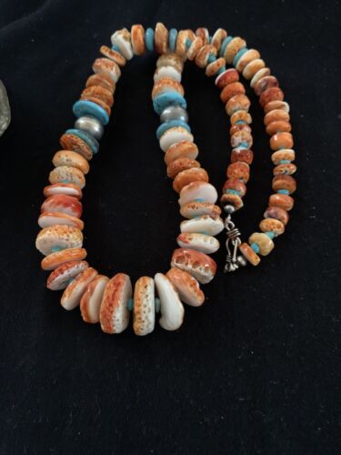 Navajo Pearls, Orange Spiny Oyster & Turquoise Necklace | Sterling Silver | Authentic Native American | 24"