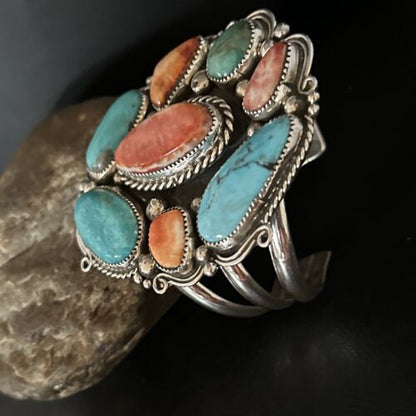 Men's Kingman Turquoise & Spiny Oyster Cluster Cuff Bracelet | Sterling Silver | Native American Handmade | 14595