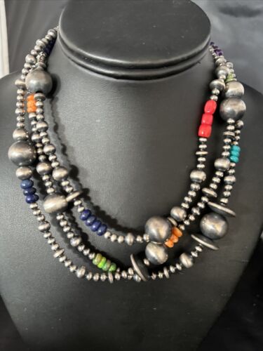 Native Navajo Pearls Multi-Color Sterling Silver Bead Necklace 51” Long